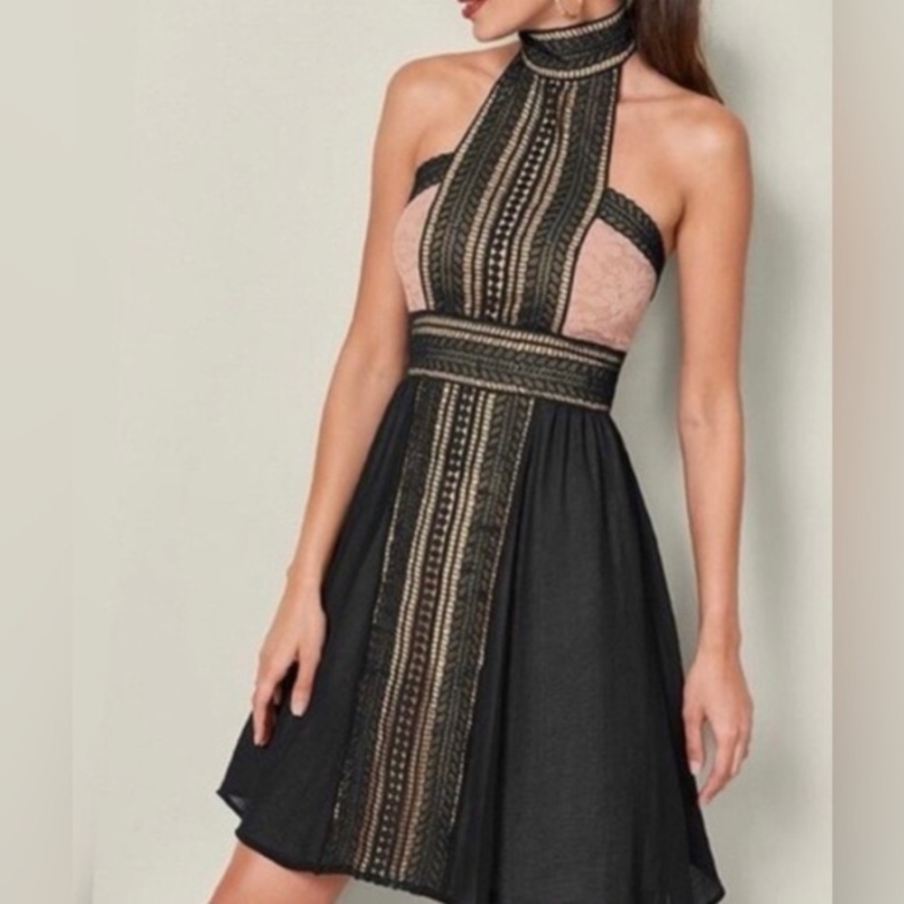 Venus Womens A Line Dress Black Mauve Color Block Halter Neck Lace Trim size S - Picture 9 of 10